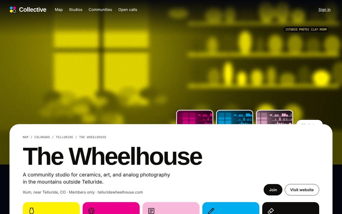 A Collective studio page with a cover photo, spaces and membership plans