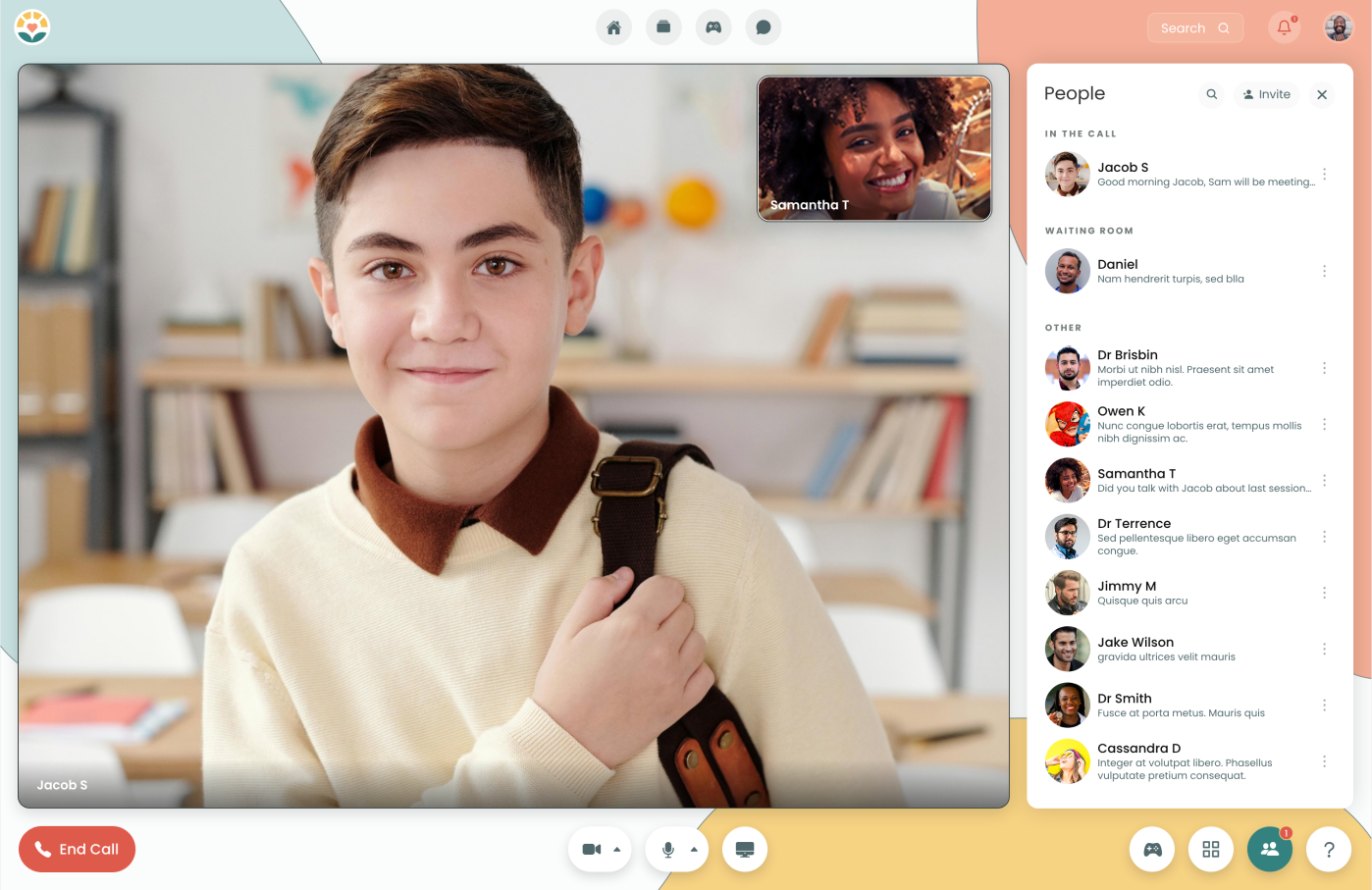 A one-on-one Kismet session: a child on video with the therapist inset, and the People panel listing who is in the call and the waiting room