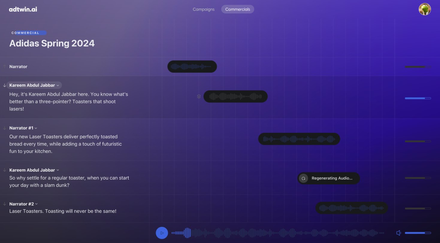 Adtwin commercial editor: script lines per voice beside their audio clips on a timeline, with one clip regenerating