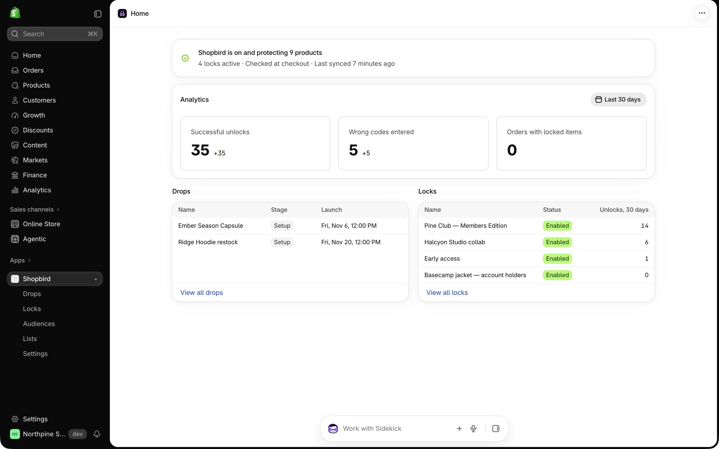 Shopbird admin home: the store is protecting 9 products, 35 unlocks and 5 wrong codes this month, and tables of upcoming drops and locks with unlock counts