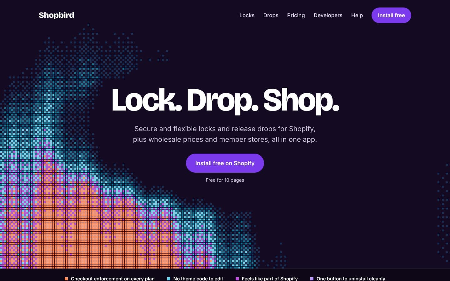Shopbird homepage: Lock. Drop. Shop. over a dark pixel aurora, with an Install free on Shopify button
