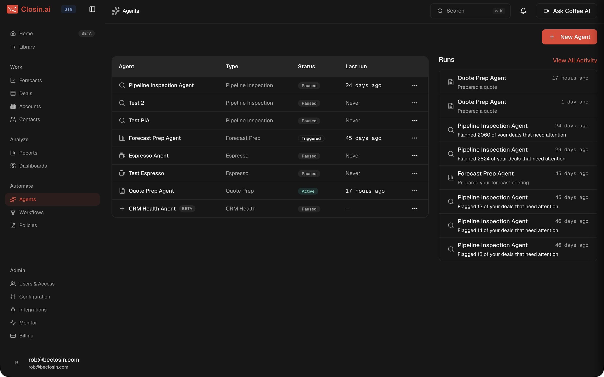 closin agents: Pipeline Inspection, Forecast Prep, Quote Prep and other agents with their status and last run, beside a feed of recent runs and the deals each flagged