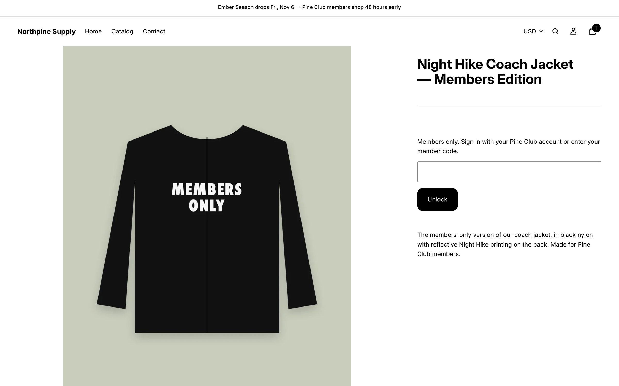 Storefront product page for a members-only jacket: the unlock form for a member code sits where Add to cart would be
