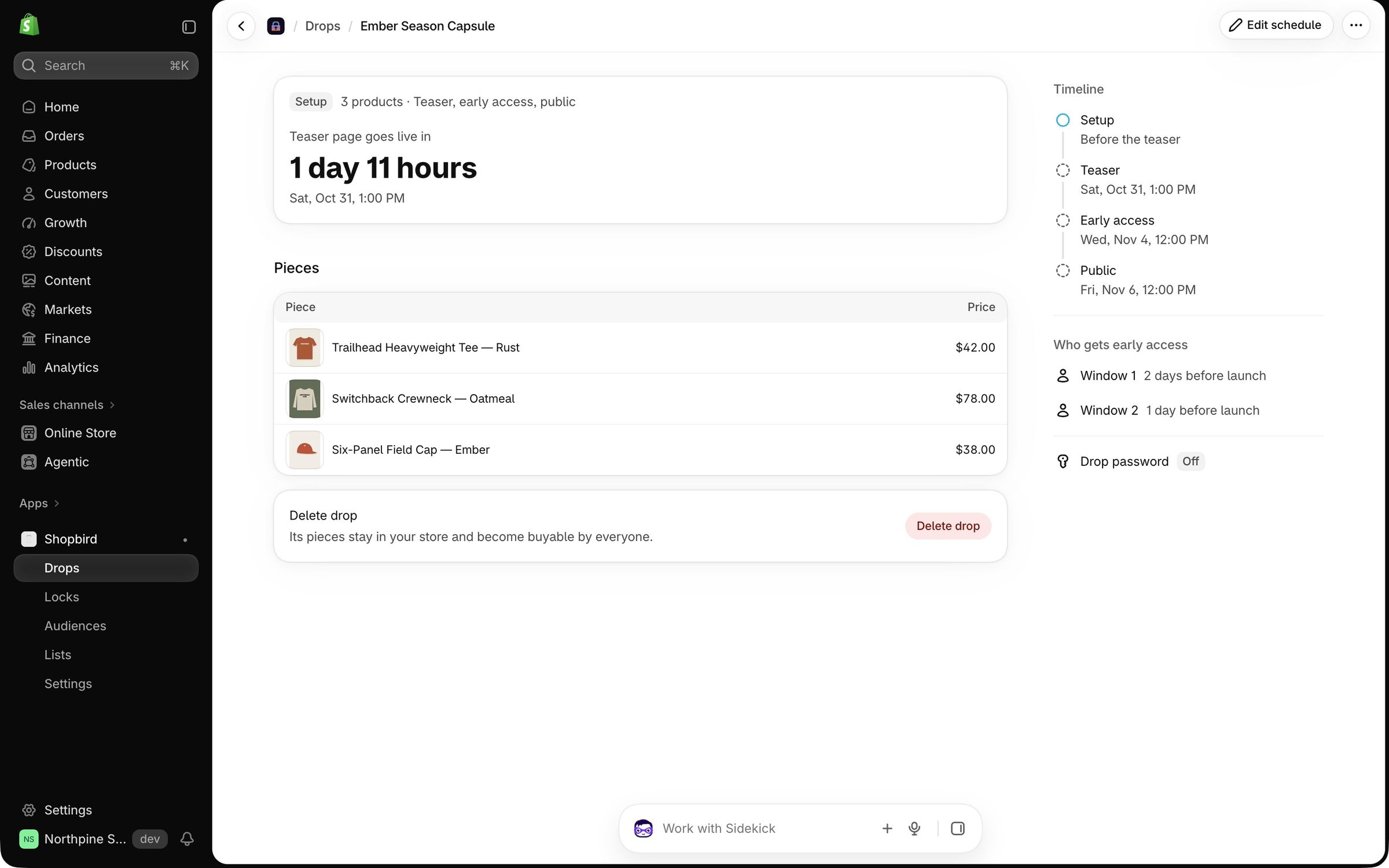 Ember Season Capsule drop: a teaser countdown, three pieces with prices, and a timeline from teaser to early access to public launch
