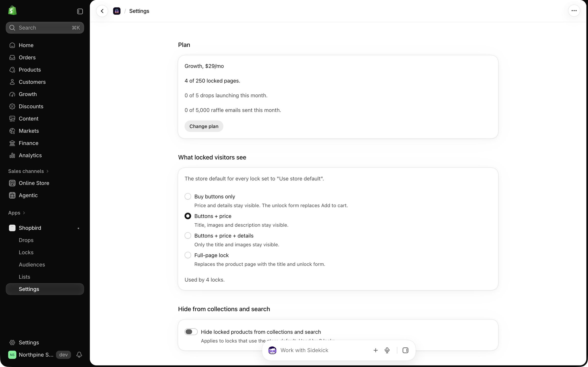 Shopbird settings: plan usage, and what locked visitors see, from hiding only the buy buttons to locking the whole page