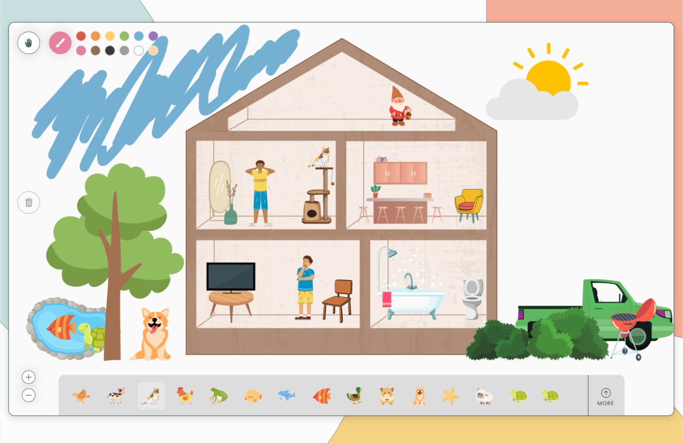 Dollhouse play canvas with stickers and drawing tools