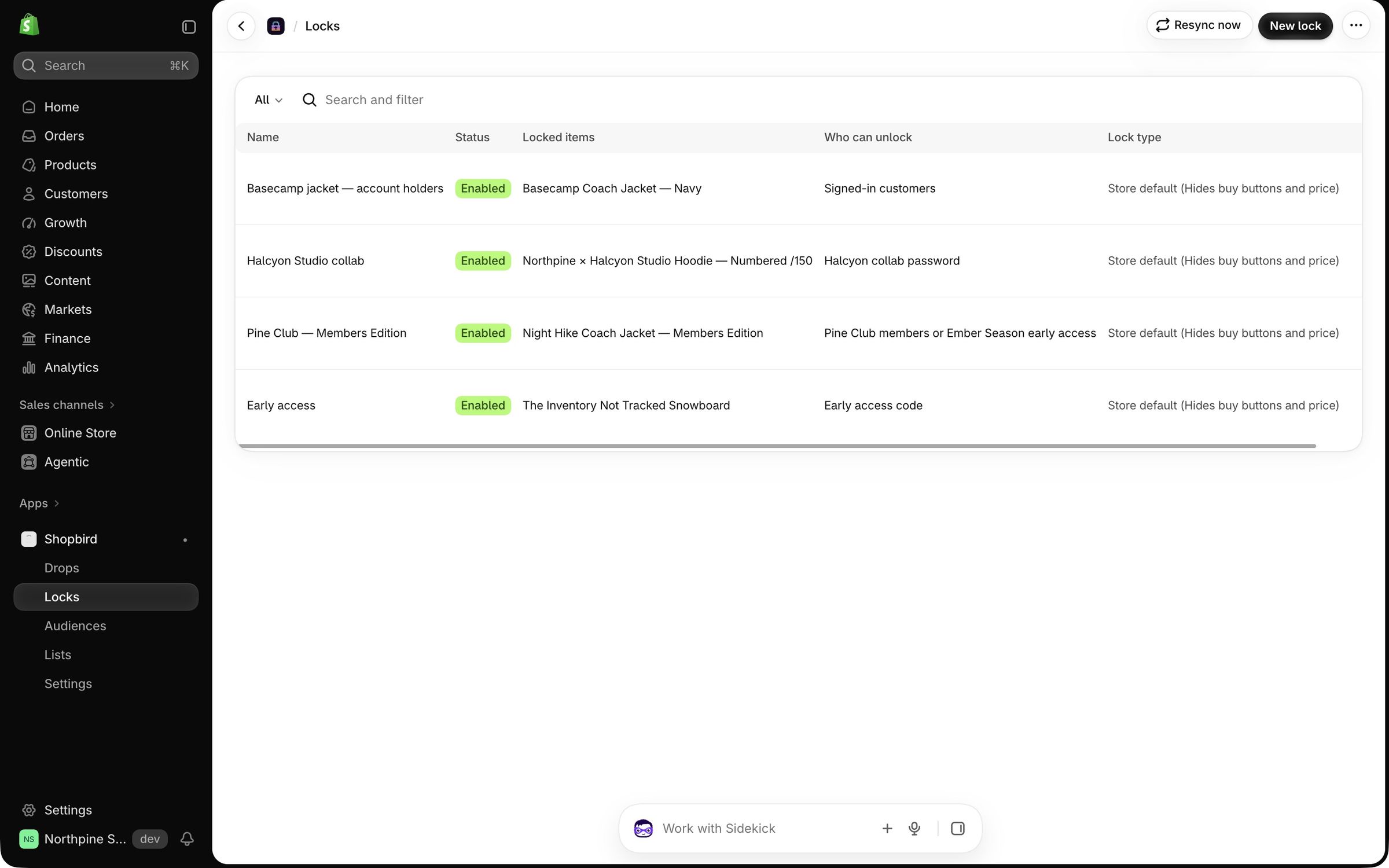 Locks list: each lock with its locked items, who can unlock it, and how much of the page it hides