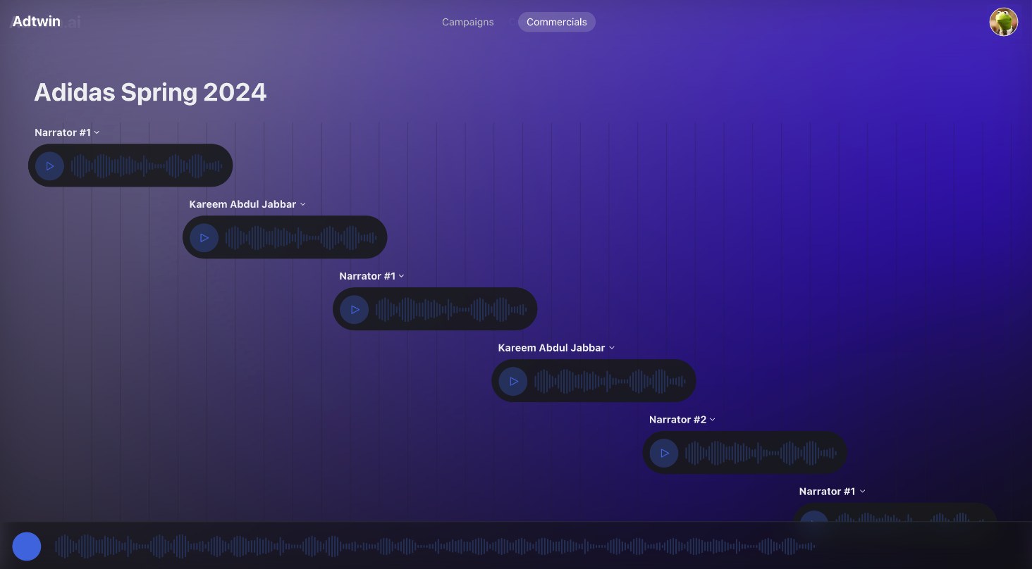 Adtwin commercial editor: voice clips for an Adidas Spring 2024 ad staggered on a timeline over a purple gradient