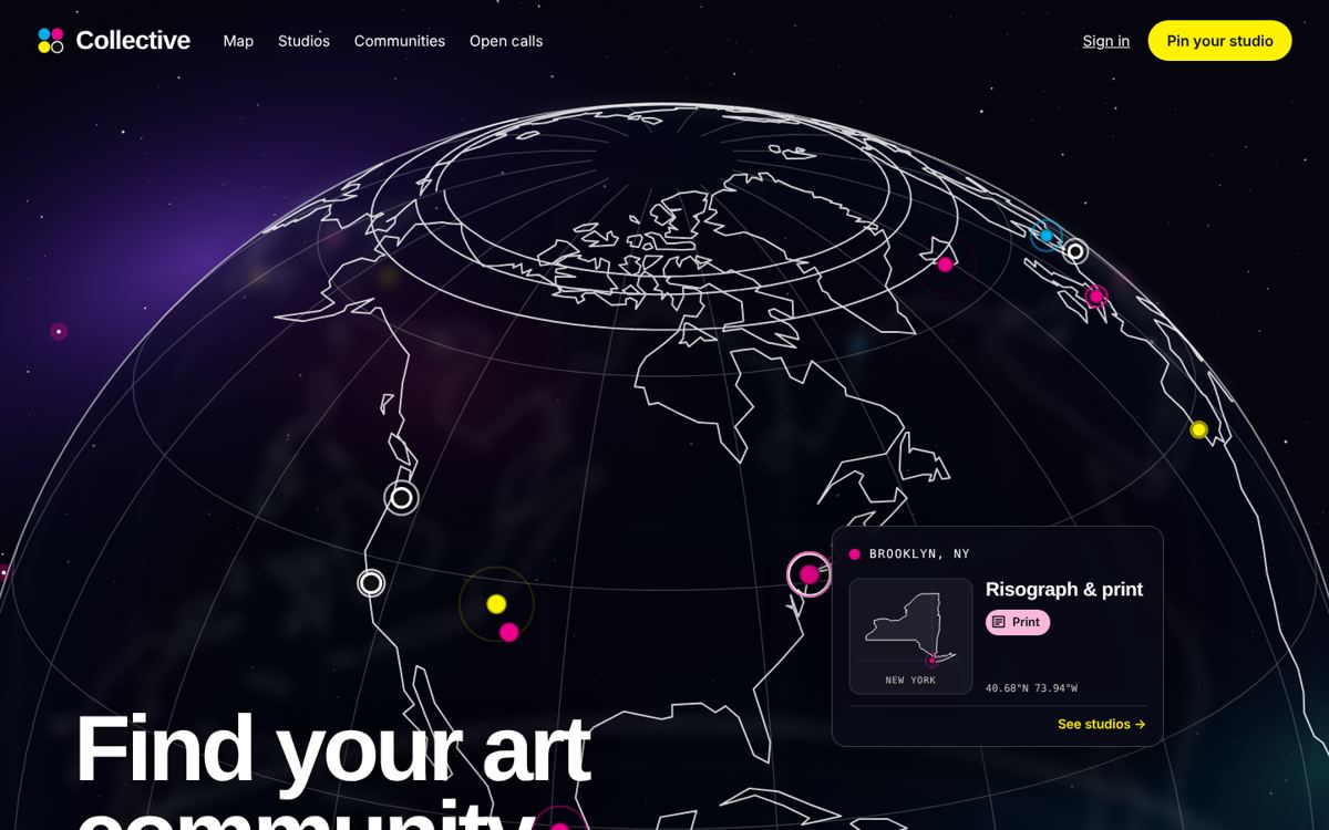 Collective homepage: a 3D wireframe globe with glowing studio pins and a studio card